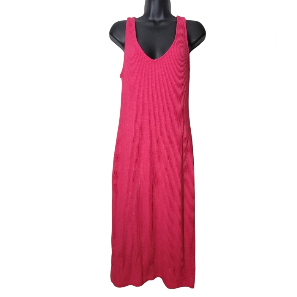 GAP Fuchsia Pink Ribbed Knit Cross-Back V-Neck Midi Dress Rayon Blend Size M